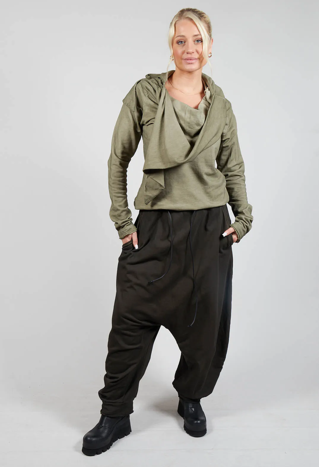 Pull String Drop Crotch Pants in Khaki Cloud