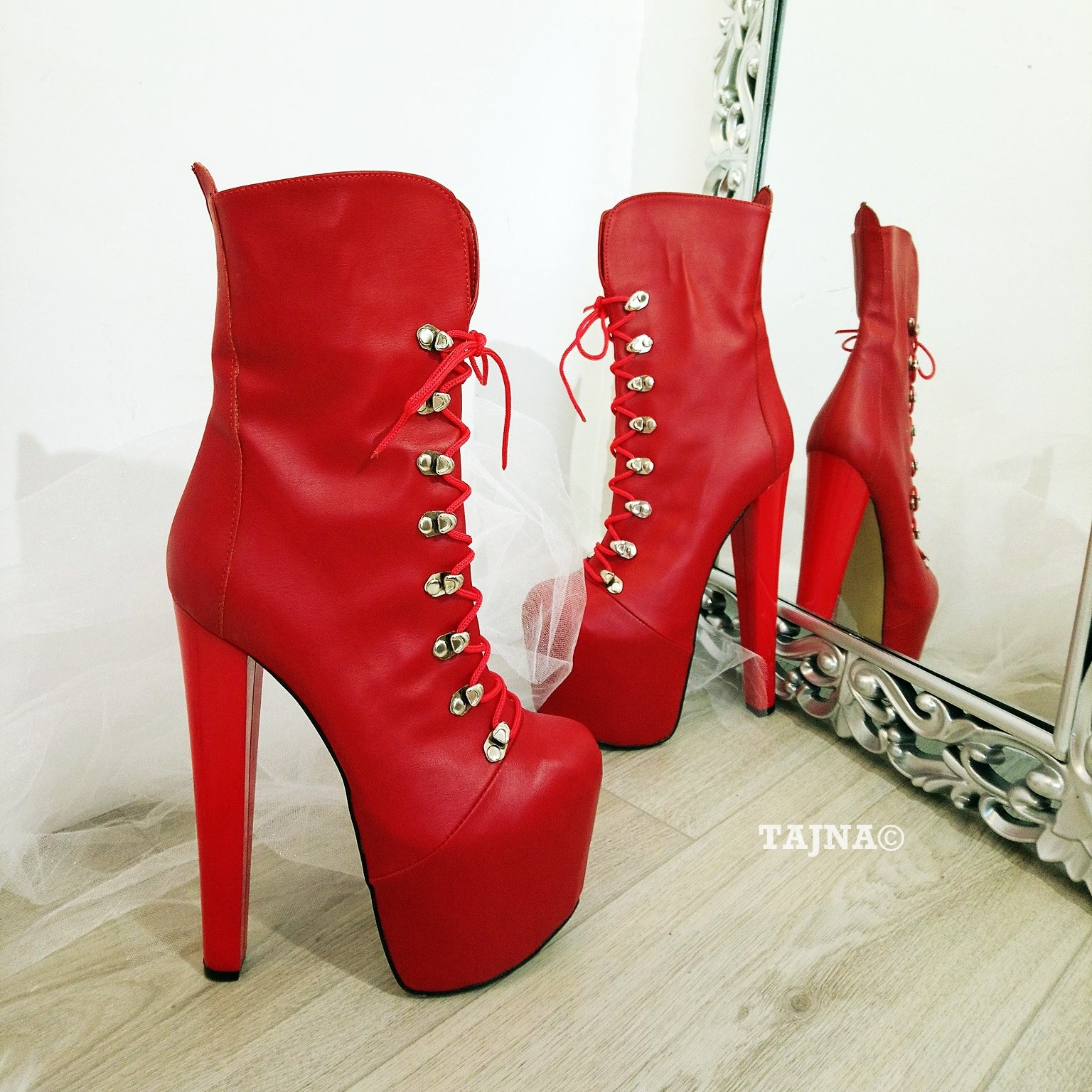 Red Lace Up Military  Platform Boots