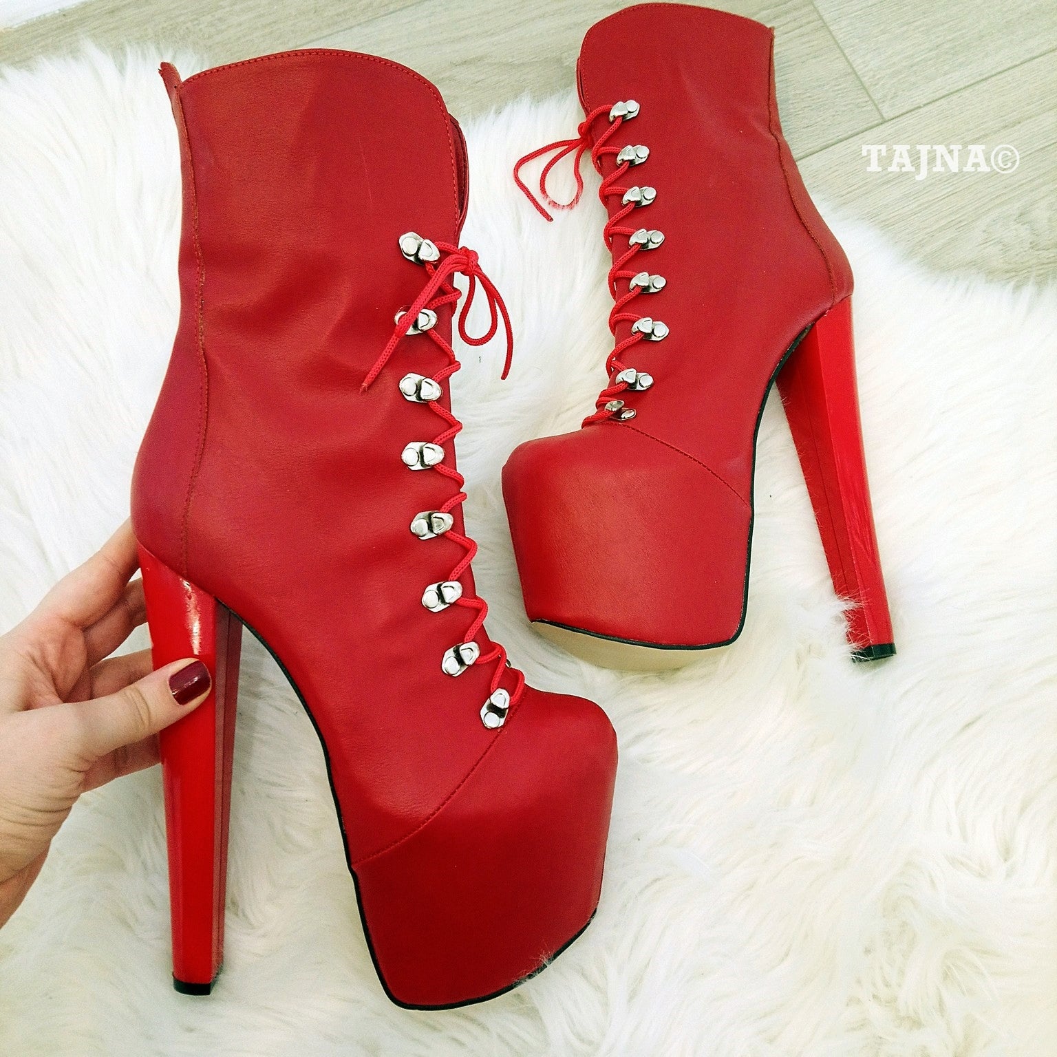 Red Lace Up Military  Platform Boots