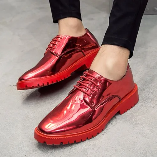 Red Metallic Patent Leather Lace Up Mens Oxfords Dress Shoes