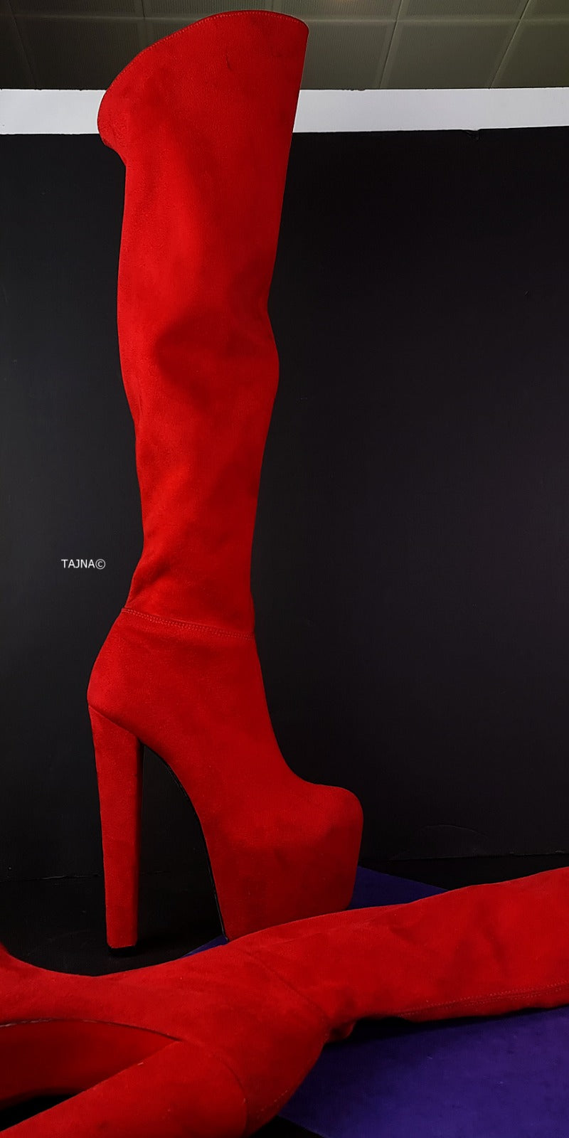 Red Suede Chunky Heel Over the Knee High Boots