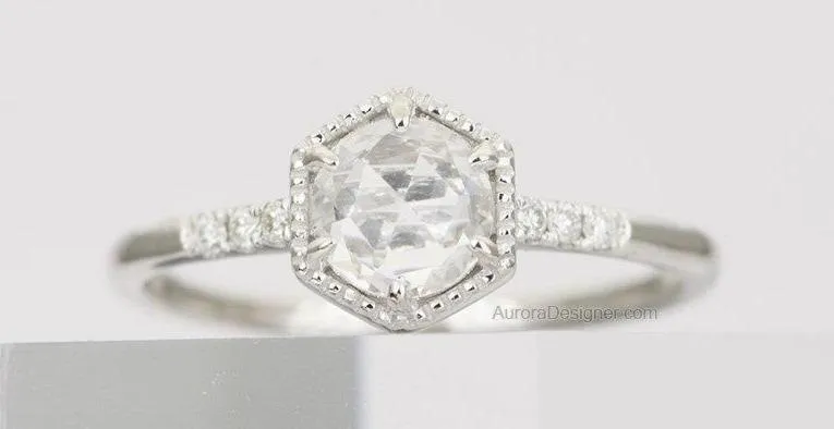 Rose Cut White Sapphire Engagement Ring 14K White Gold AD1457