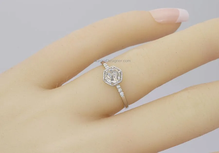 Rose Cut White Sapphire Engagement Ring 14K White Gold AD1457