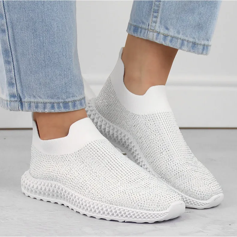 S.Barski Women's slip-on sports shoes with zircons, white D&amp;A TW121