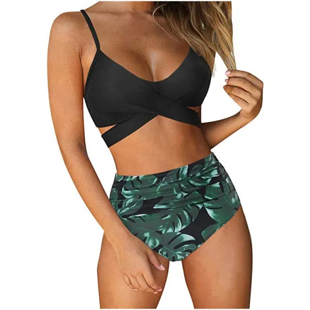 Solid Pattern Sexy and Club Styled Padded High Waist Bikini Set for Women