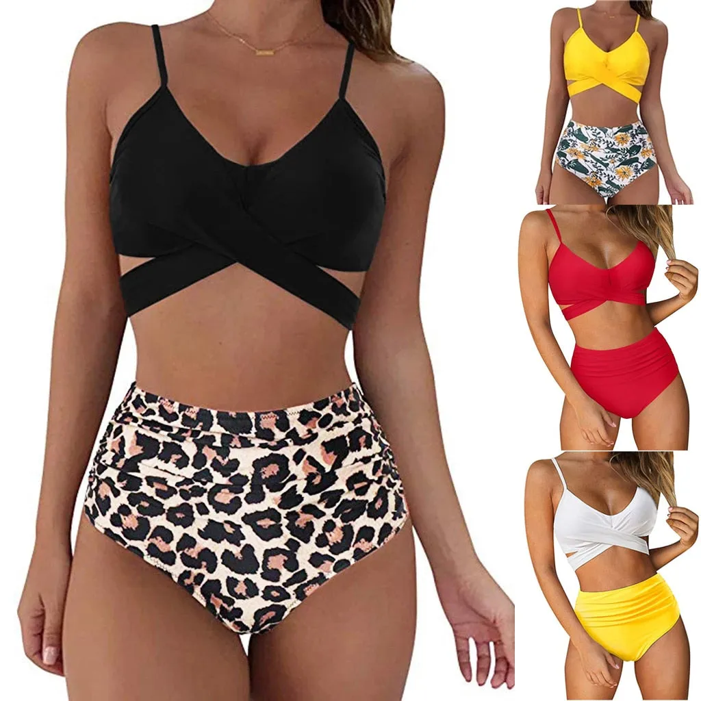 Solid Pattern Sexy and Club Styled Padded High Waist Bikini Set for Women