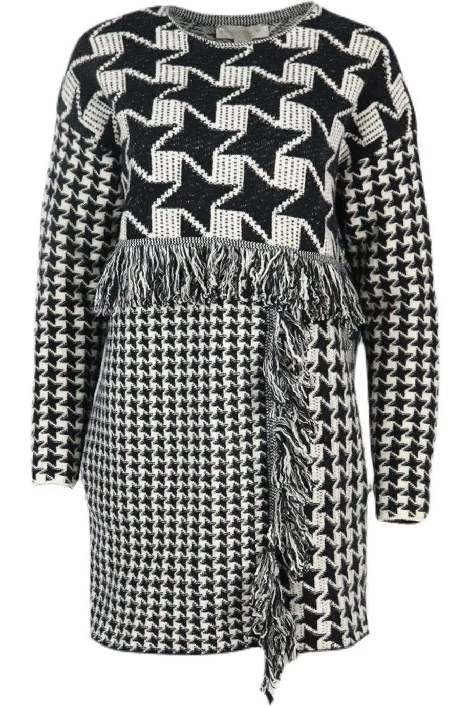 STELLA MCCARTNEY FRINGED HOUNDSTOOTH WOOL MINI DRESS IT 40 UK 8