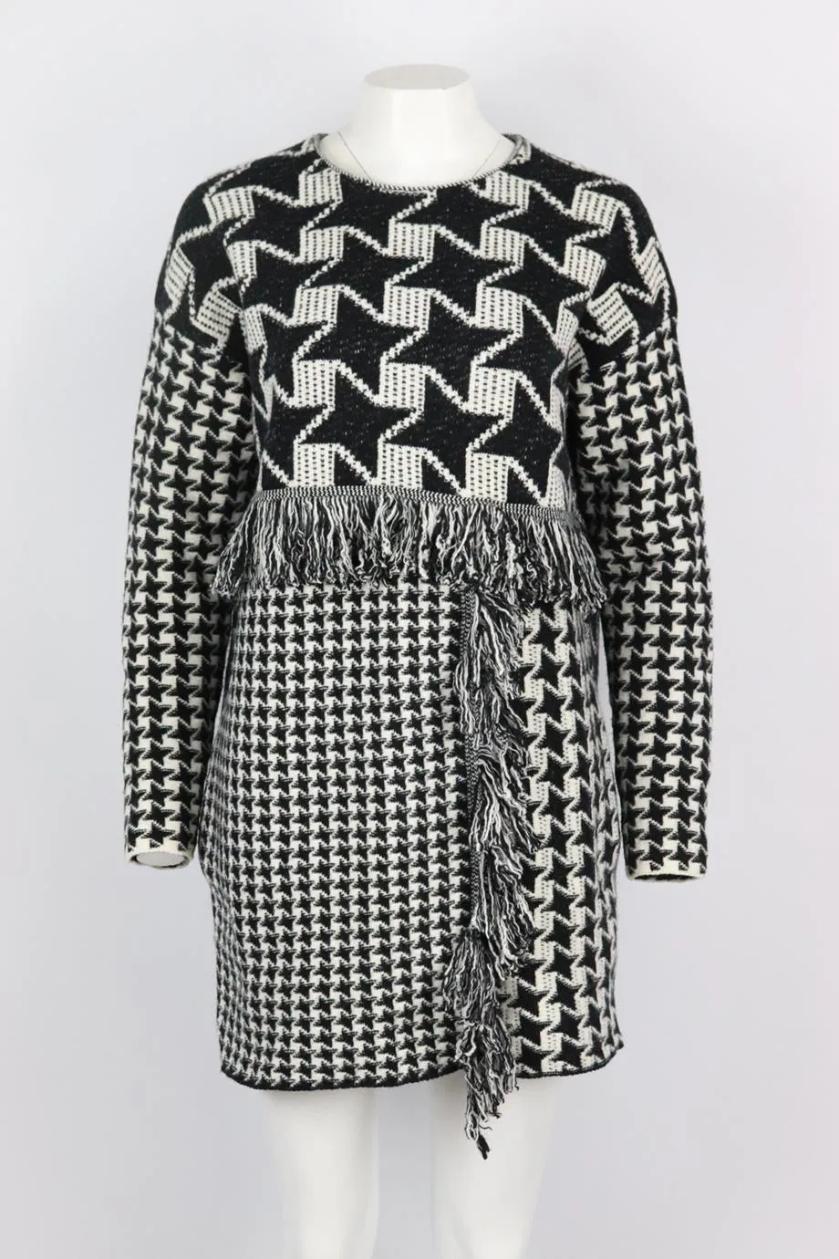 STELLA MCCARTNEY FRINGED HOUNDSTOOTH WOOL MINI DRESS IT 40 UK 8