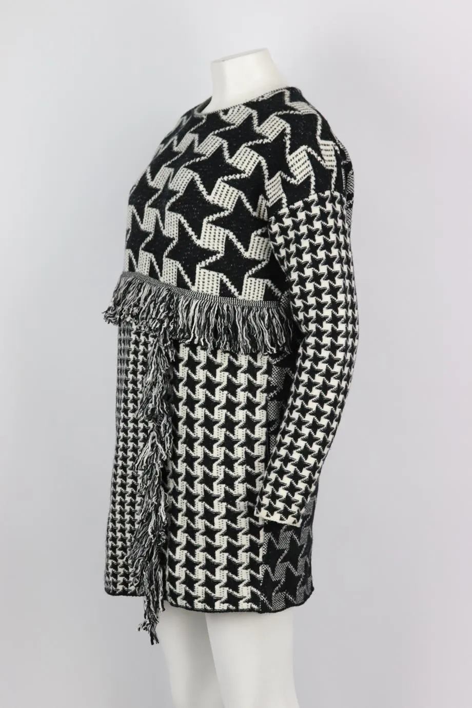 STELLA MCCARTNEY FRINGED HOUNDSTOOTH WOOL MINI DRESS IT 40 UK 8