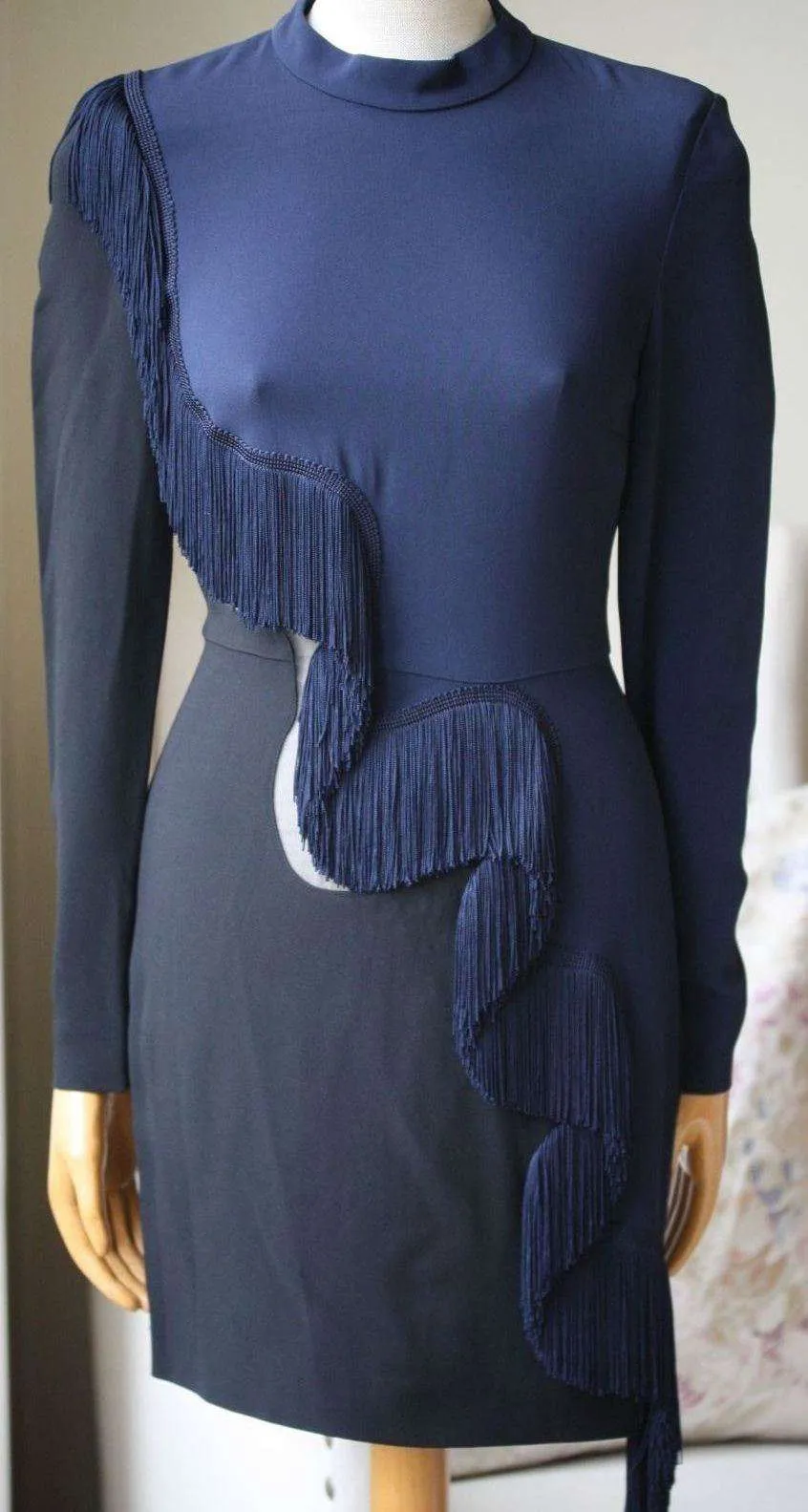 STELLA MCCARTNEY NAVY FRINGED MESH PANEL DRESS IT 40 UK 8