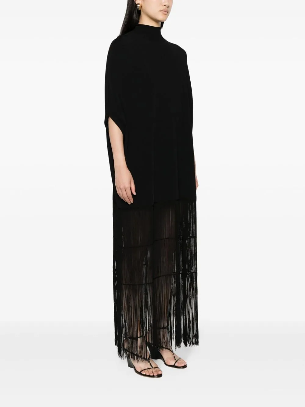 STRETCH CREPE FRINGED MAXI DRESS