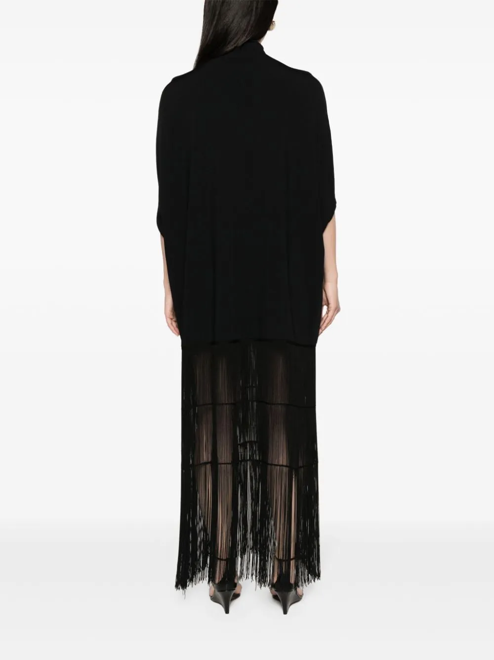 STRETCH CREPE FRINGED MAXI DRESS