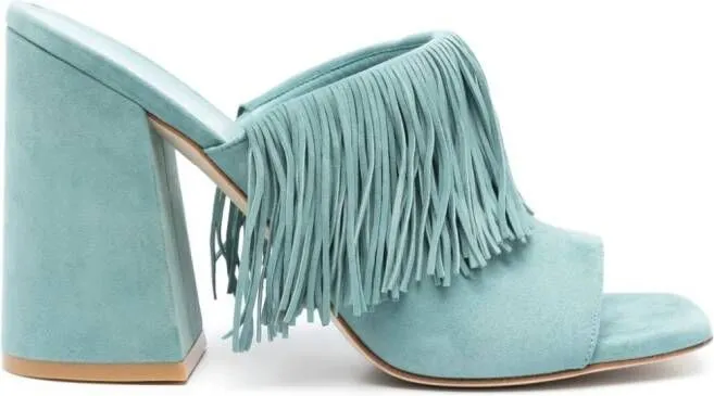 Stuart Weitzman Tia Fringe 100mm leather mules Blue