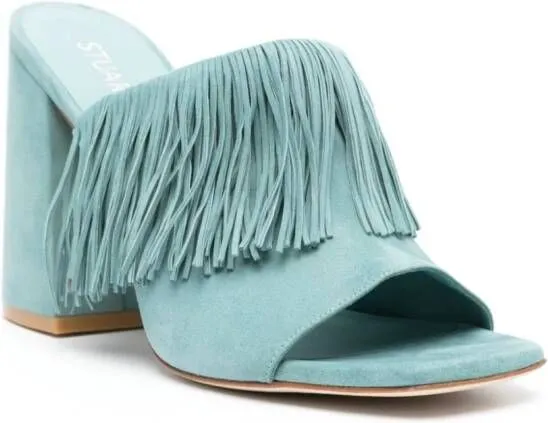 Stuart Weitzman Tia Fringe 100mm leather mules Blue