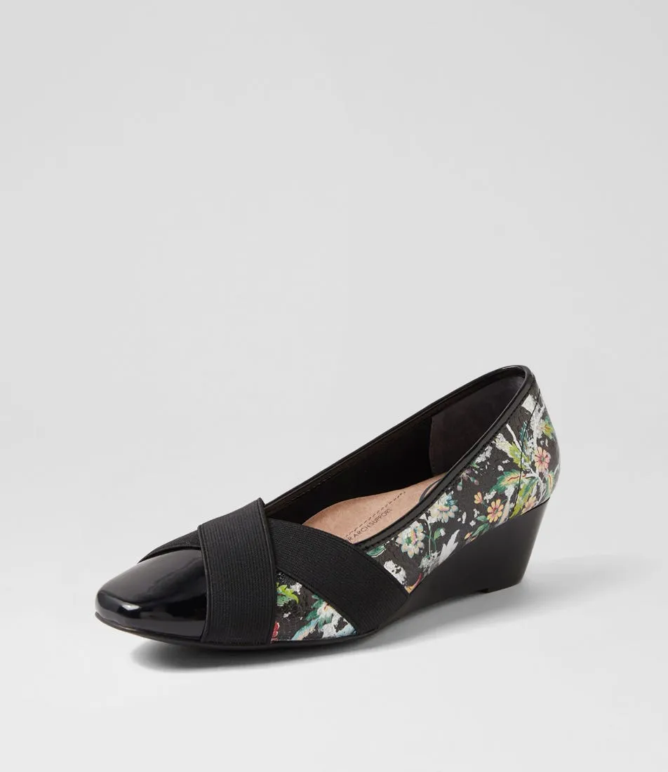 SUPERSOFT Sandford Black Floral Patent Leather Wedges