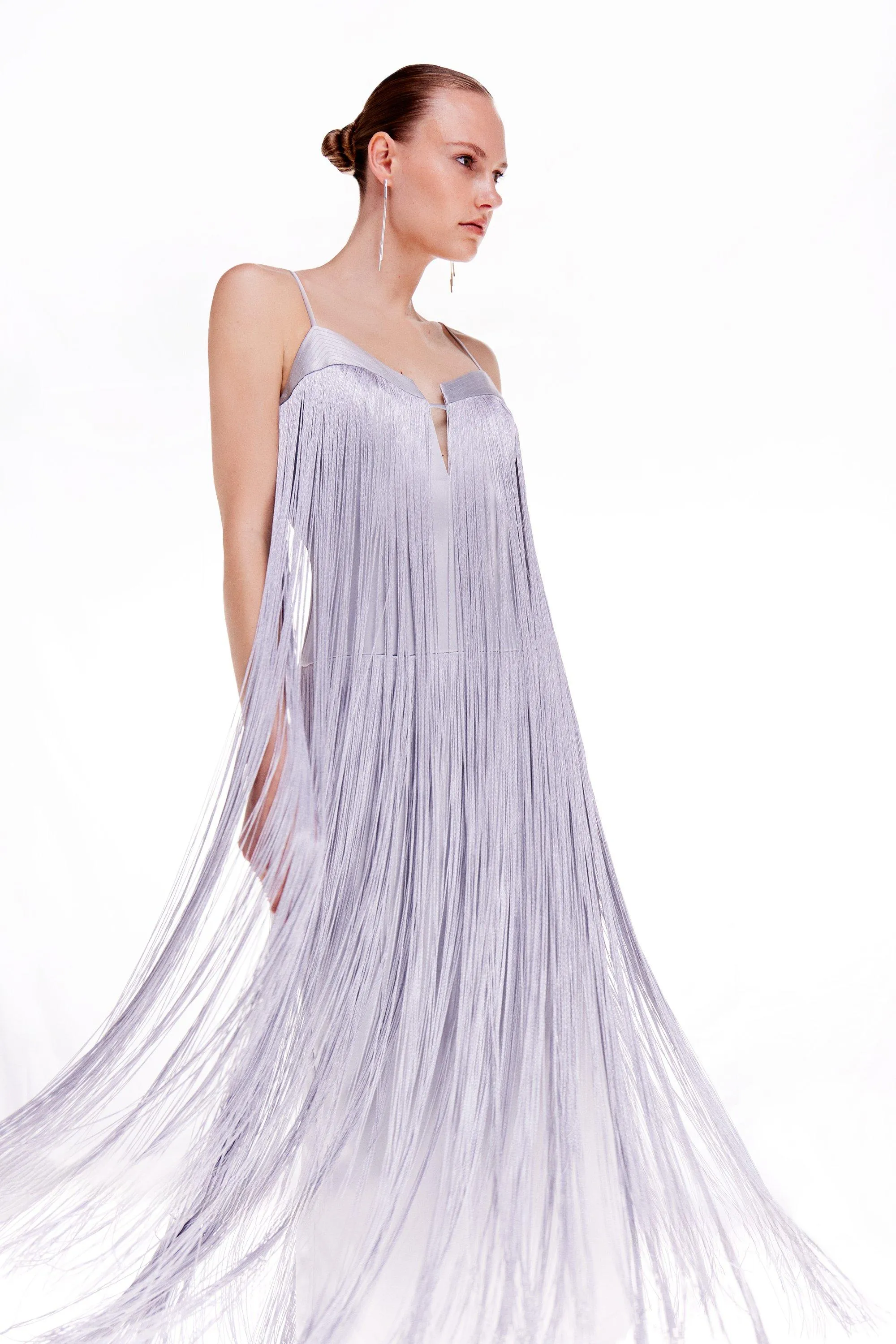 Tall Ooto Heavy Satin Fringed Woven Strappy Maxi Dress | Karen Millen