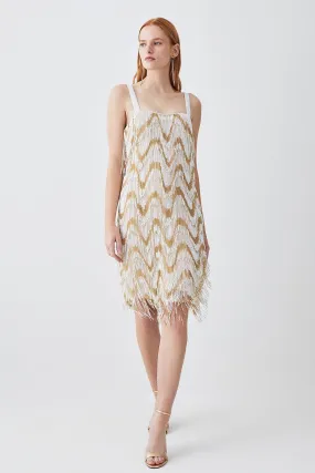 Tall Square Neck Embellished Fringed Mini Dress | Karen Millen