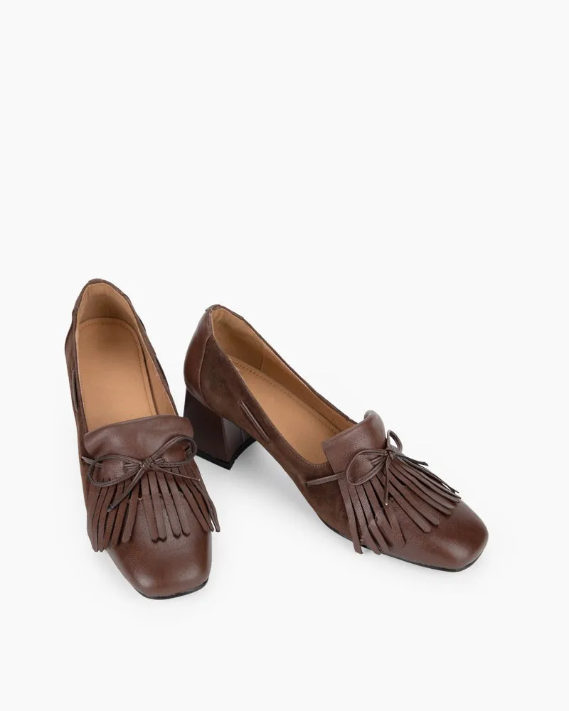 Tassel Bowtie Handmade Genuine Leather Chunky Heel Loafers