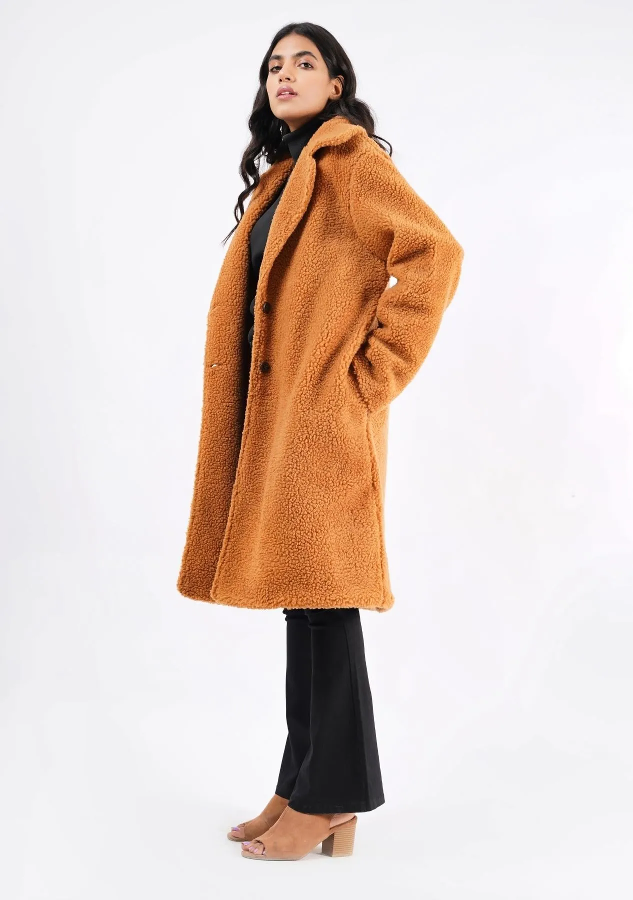 Teddy Faux Fur Oversized Coat - Camel