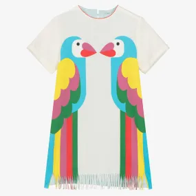 Teen Girls Ivory Cotton Parrot Fringed Dress