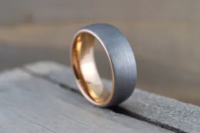 Tungsten Carbide 8mm Domed High Satin Brushed With Rose Gold Plated Finish Inside Men's Ring