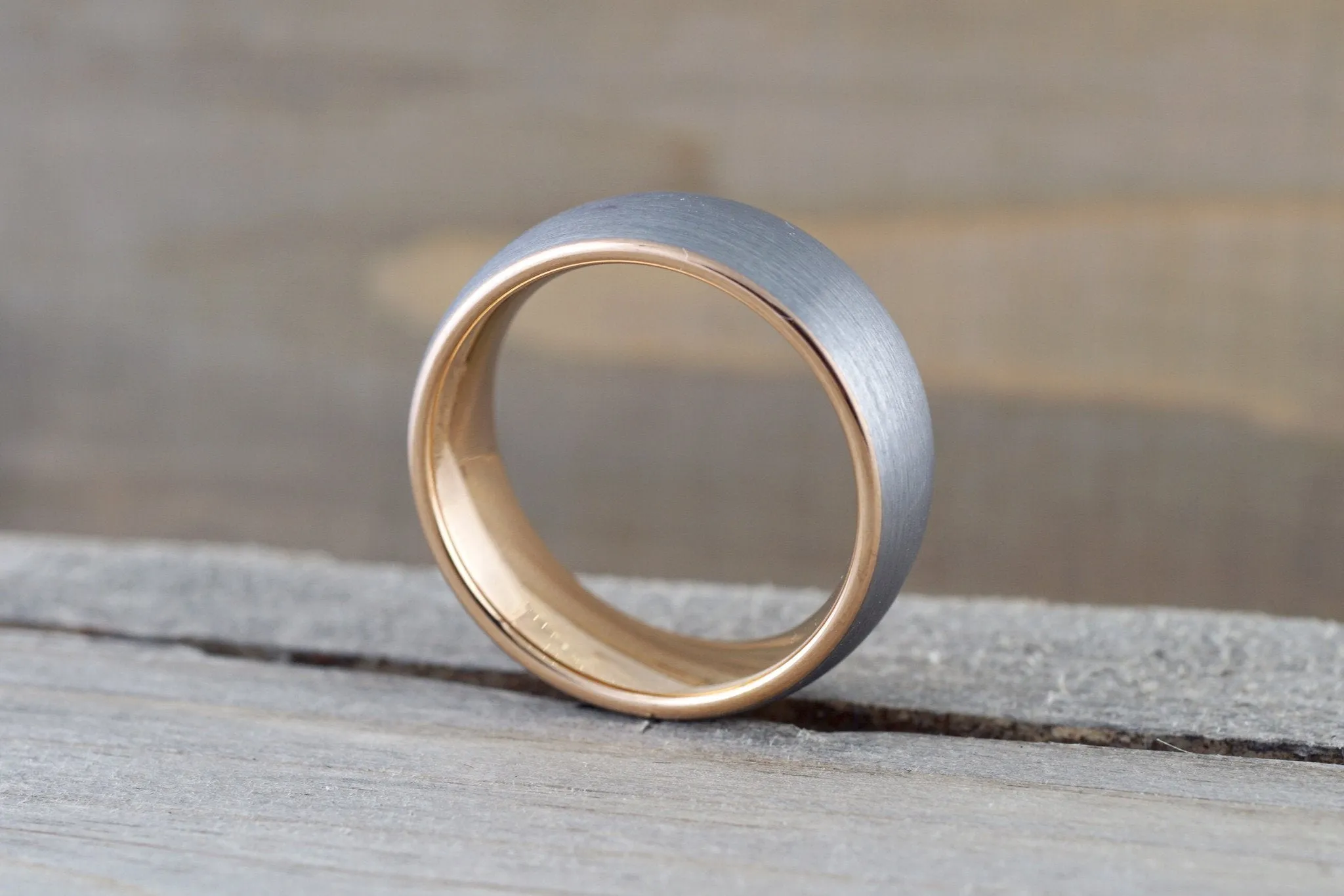 Tungsten Carbide 8mm Domed High Satin Brushed With Rose Gold Plated Finish Inside Men's Ring