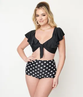 Unique Vintage Black & White Dotted Button High Waist Louise Swim Bottoms