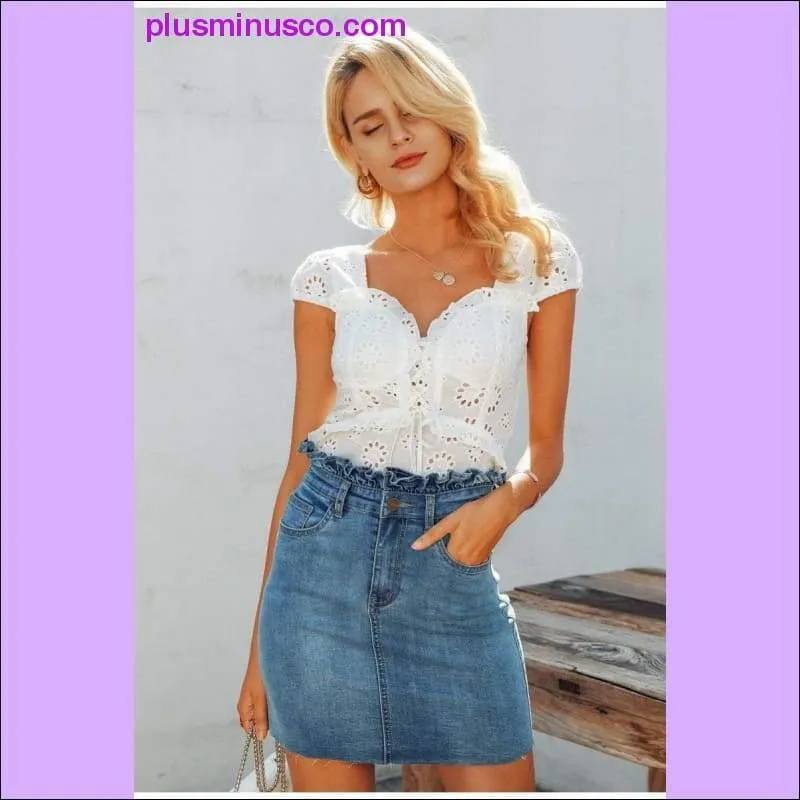 V-neck women blouse ruffled Elastic high waist hollow out lace blouse tops Back lace up peplum white