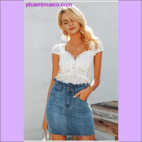 V-neck women blouse ruffled Elastic high waist hollow out lace blouse tops Back lace up peplum white