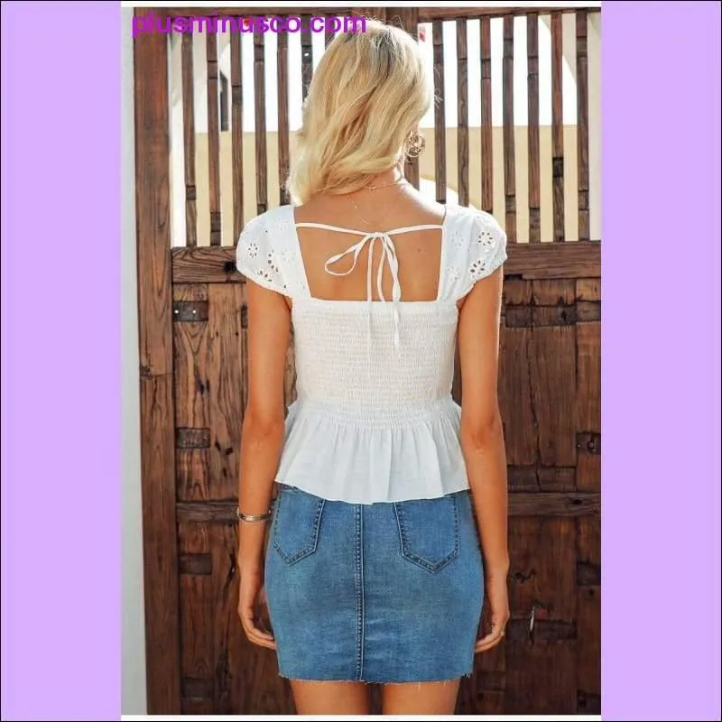 V-neck women blouse ruffled Elastic high waist hollow out lace blouse tops Back lace up peplum white