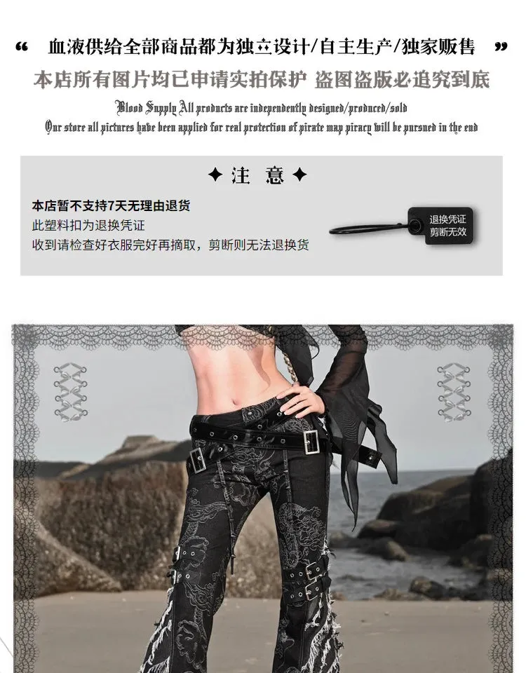 Women's Punk Black Tassel Ripped Dragon Pattern Flare Pants with Belt