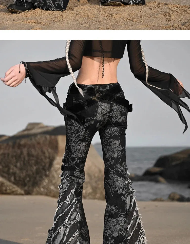 Women's Punk Black Tassel Ripped Dragon Pattern Flare Pants with Belt