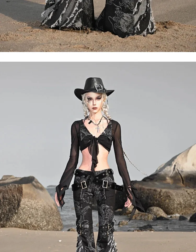 Women's Punk Black Tassel Ripped Dragon Pattern Flare Pants with Belt