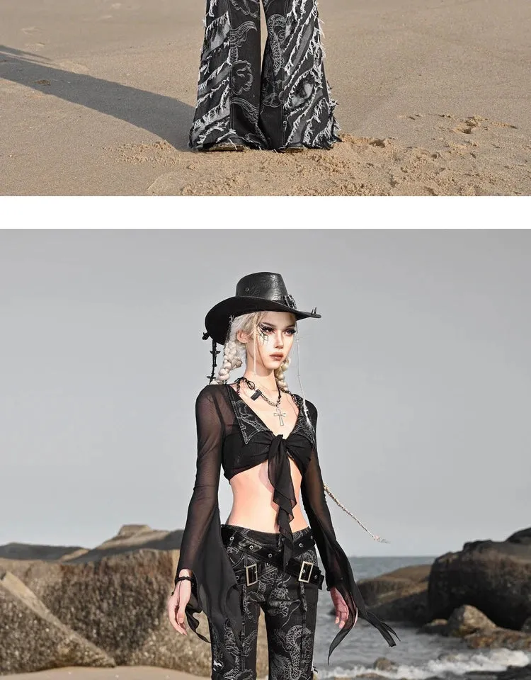 Women's Punk Black Tassel Ripped Dragon Pattern Flare Pants with Belt