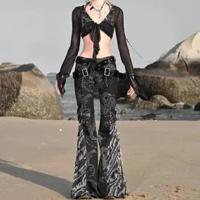 Women's Punk Black Tassel Ripped Dragon Pattern Flare Pants with Belt