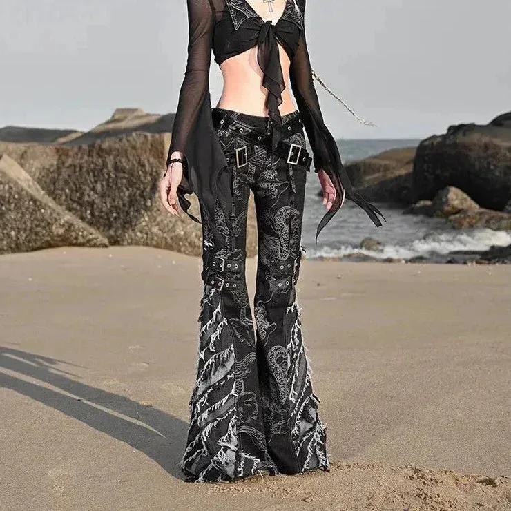 Women's Punk Black Tassel Ripped Dragon Pattern Flare Pants with Belt