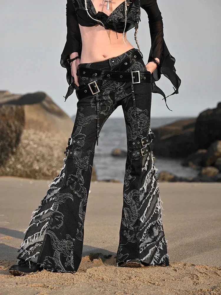 Women's Punk Black Tassel Ripped Dragon Pattern Flare Pants with Belt