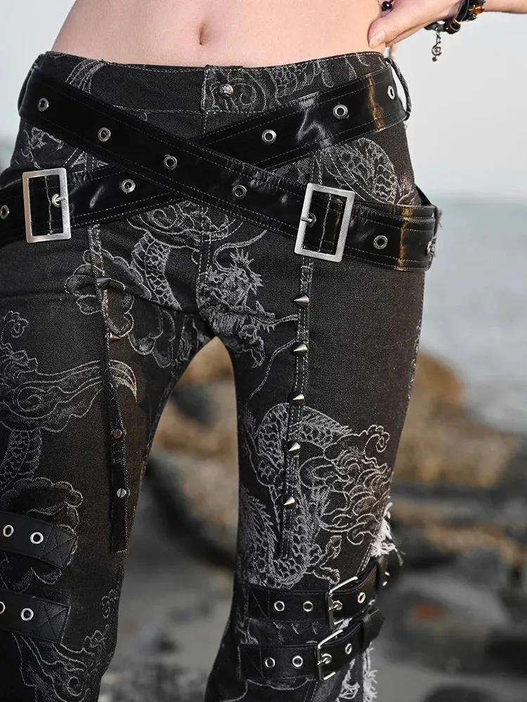 Women's Punk Black Tassel Ripped Dragon Pattern Flare Pants with Belt