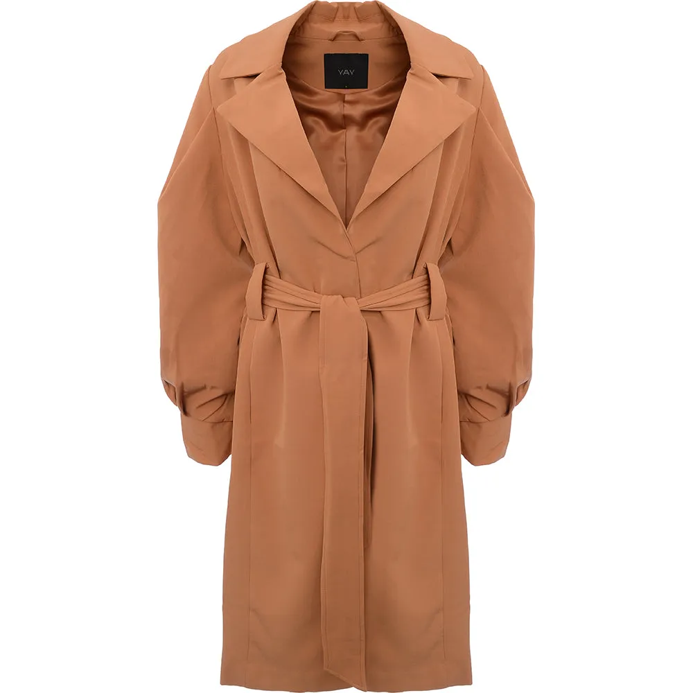 Y.A.S Women's Orange Formal Coat with Tie Waist and Voluminous Detail